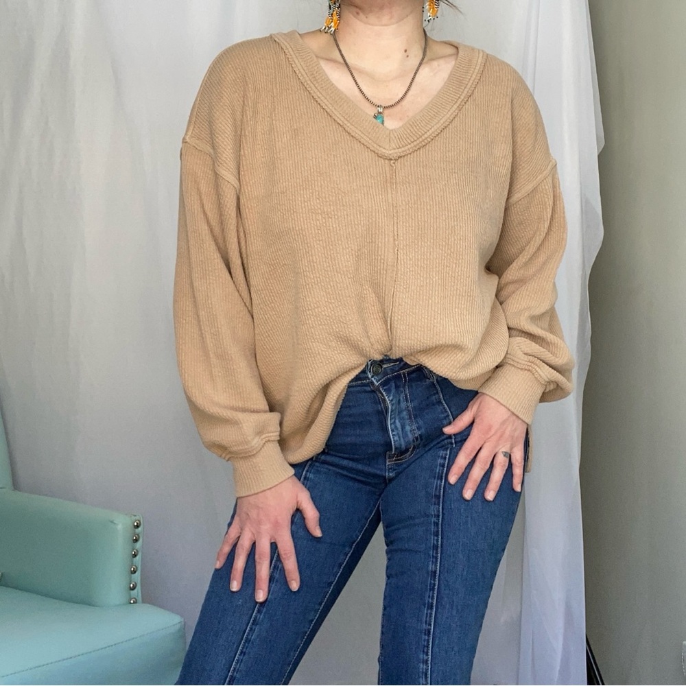 Aerie Wonder Ribbed V-Neck Oversized Sweatshirt - Tan